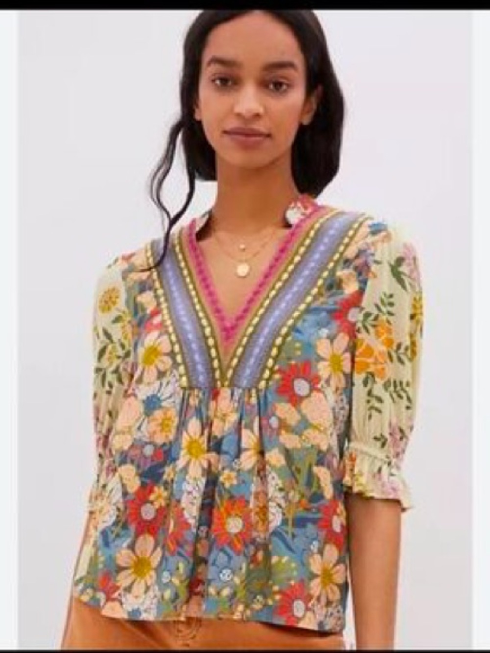 Blank London Floral V-Neck Peasant Top in Multicolor